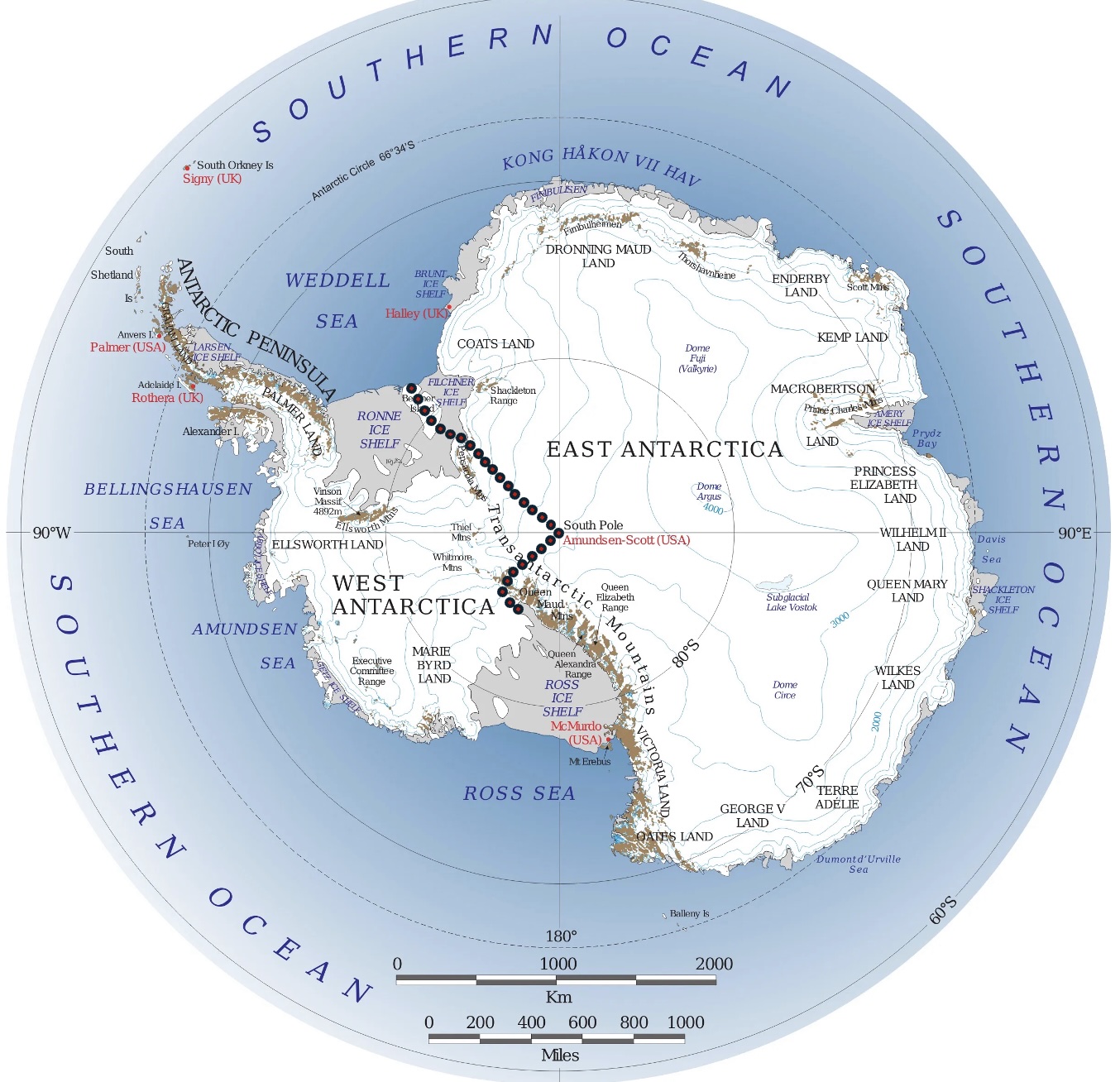 Map of Antarctica showing the route from Berkner Island via the South Pole to the Ross Ice Shelf