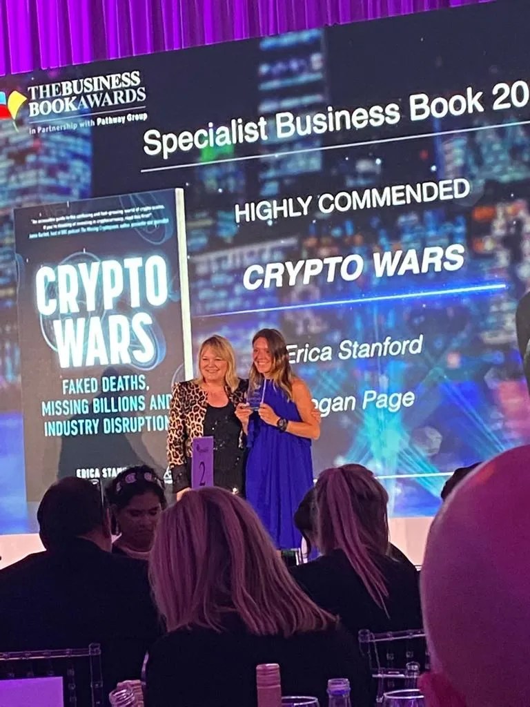 Erica Stanford collecting a Highly Commended award for Crypto Wars at the Business Book Awards